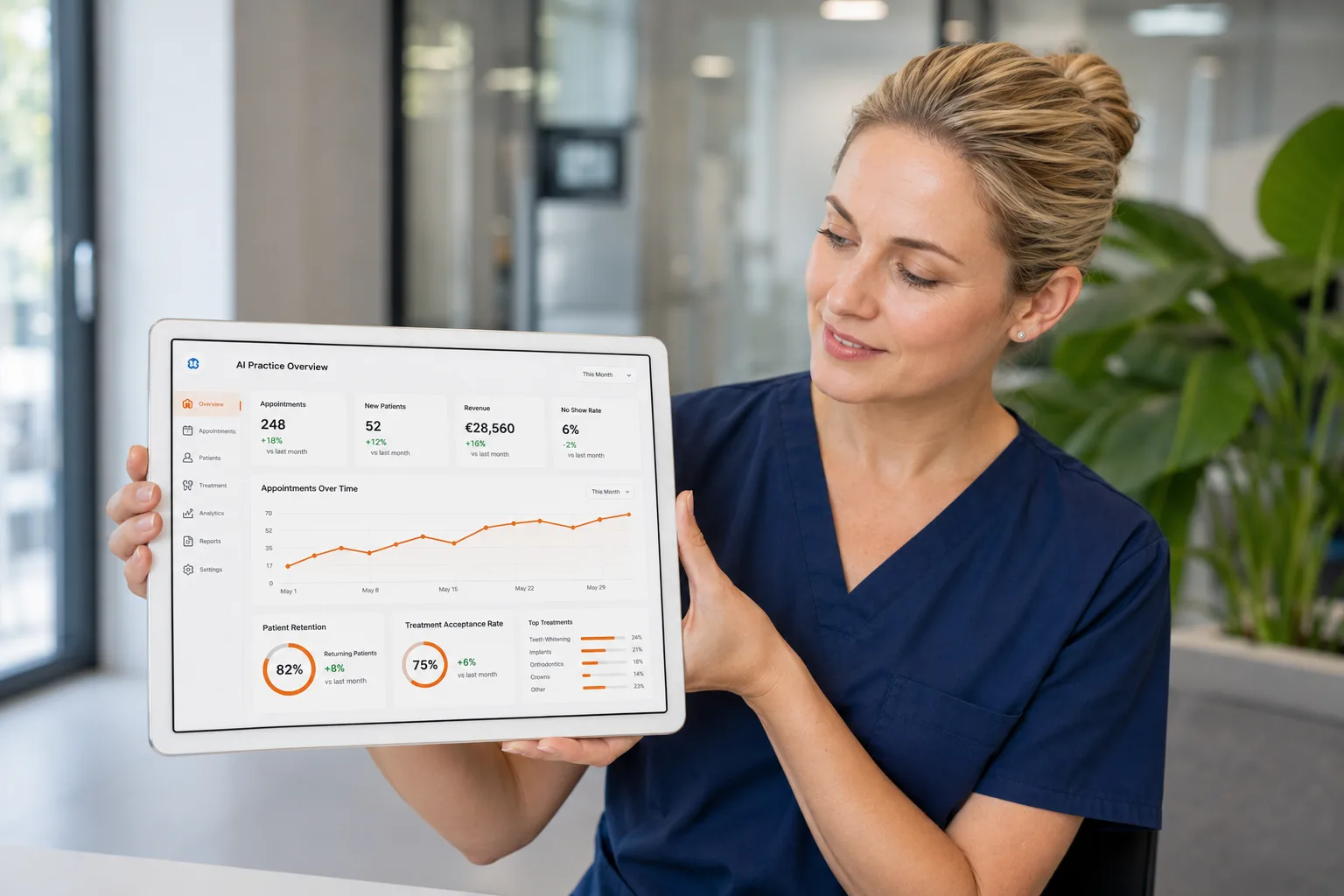 Dentist reviewing AI-powered patient analytics and appointment scheduling dashboard on tablet