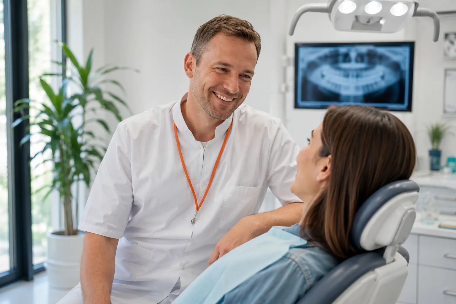 Dentist using AI solutions for mobile app for patient appointment booking and dental records management