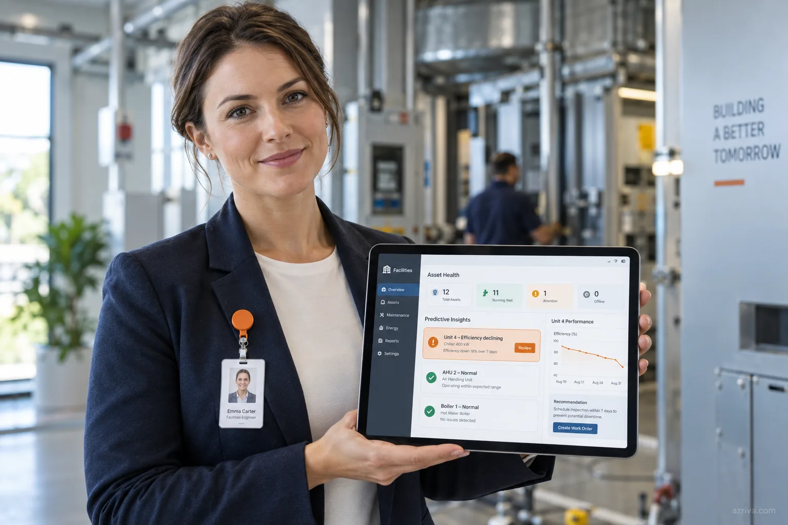 AI predictive maintenance dashboard for facility HVAC and equipment energy performance