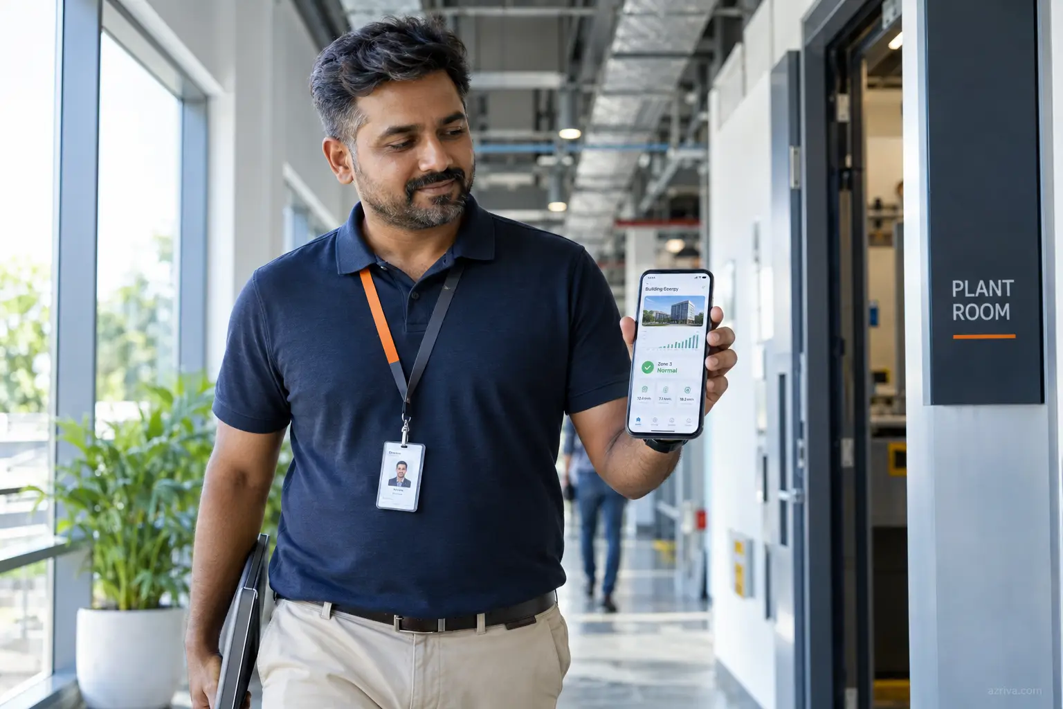 Facility manager using AI solutions for mobile app to monitor energy consumption and control HVAC remotely