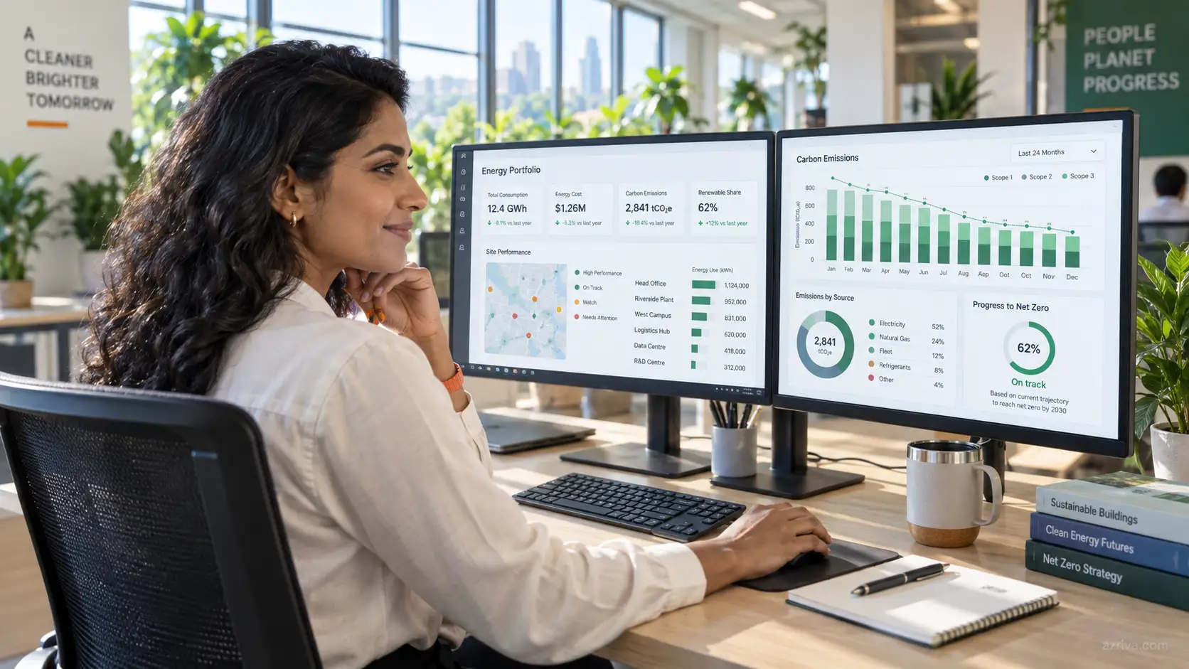Facility sustainability dashboard for portfolio-wide energy analytics and carbon reporting