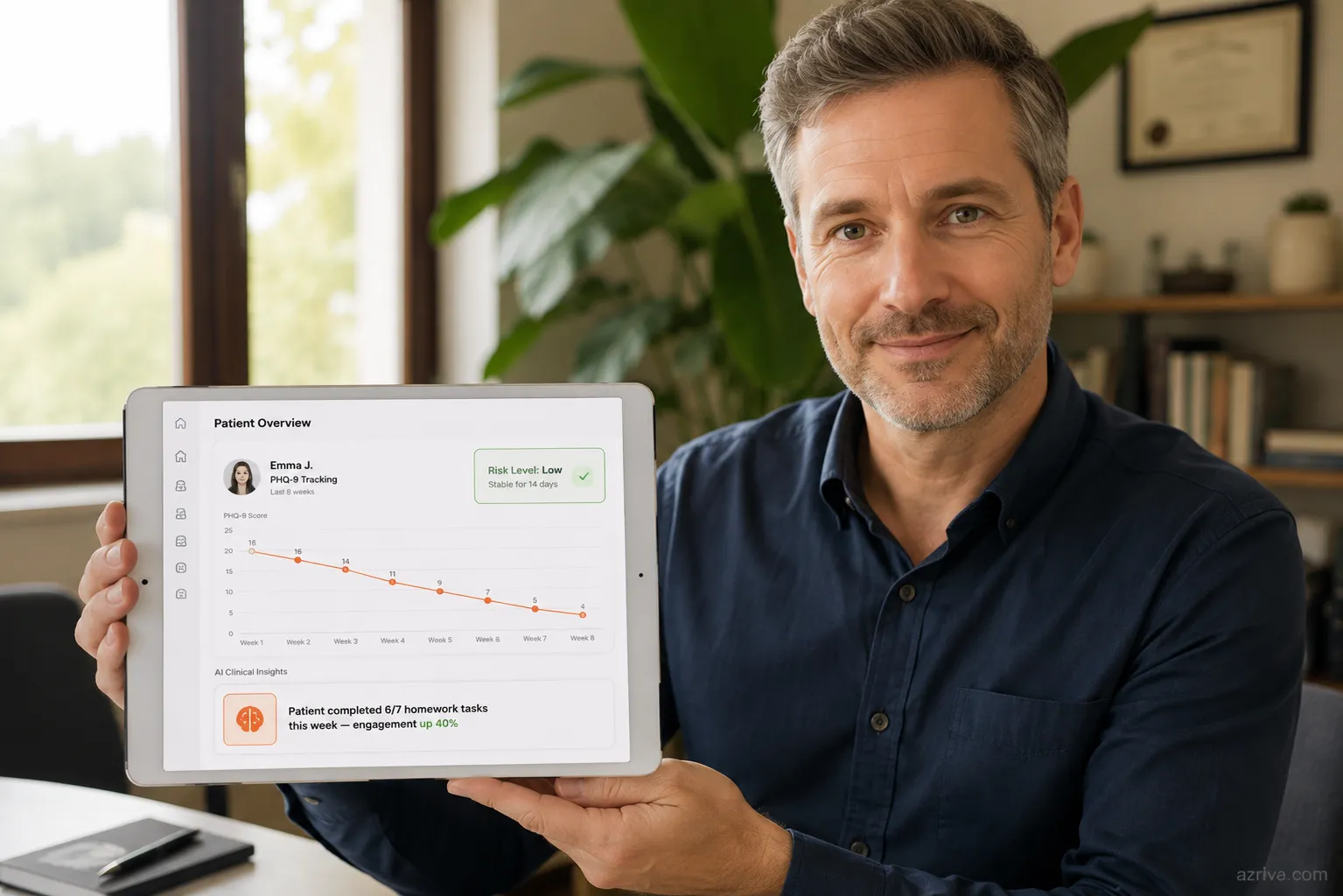 Mental health therapist reviewing AI-powered patient mood analytics and risk detection dashboard on tablet