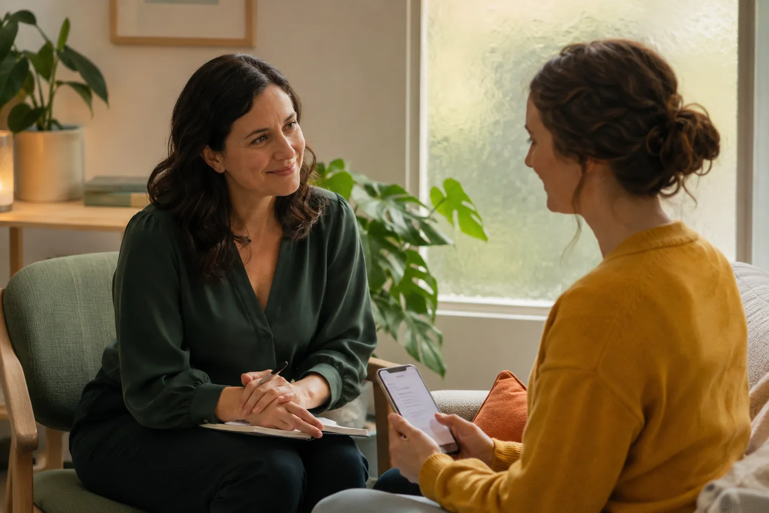 Mental health therapist using AI-powered mobile app for patient session notes and mood tracking