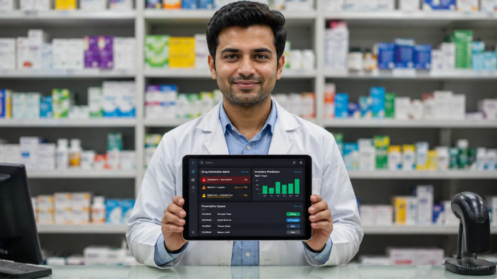 AI pharmacy platform showing drug interaction checker and inventory prediction dashboard