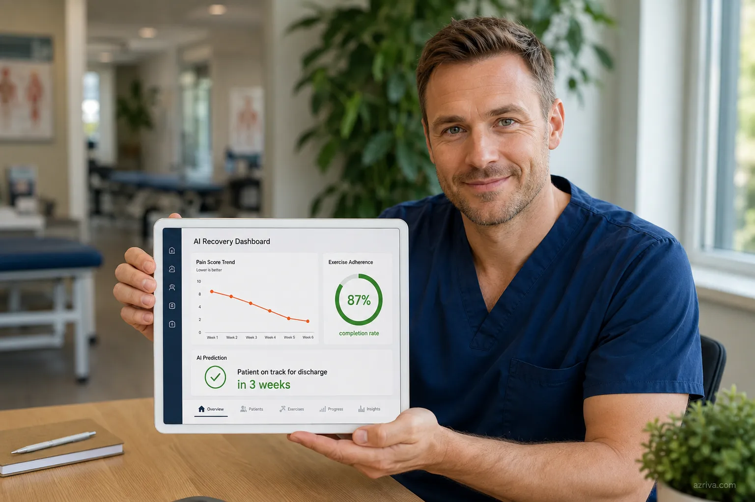 Physiotherapist reviewing AI-powered patient progress analytics and recovery prediction dashboard on tablet
