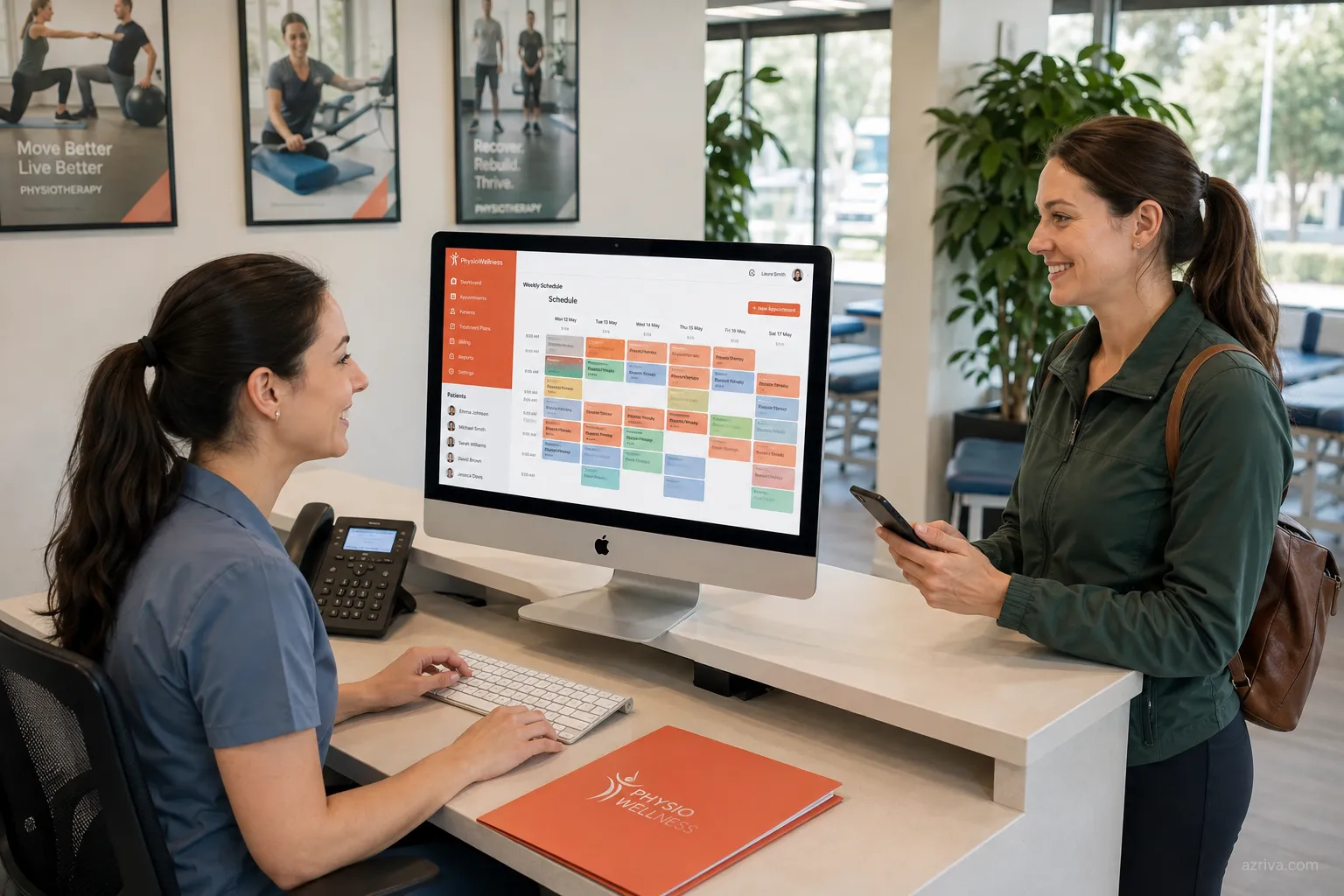 Physiotherapy practice web portal dashboard showing patient appointments, SOAP notes and billing on laptop