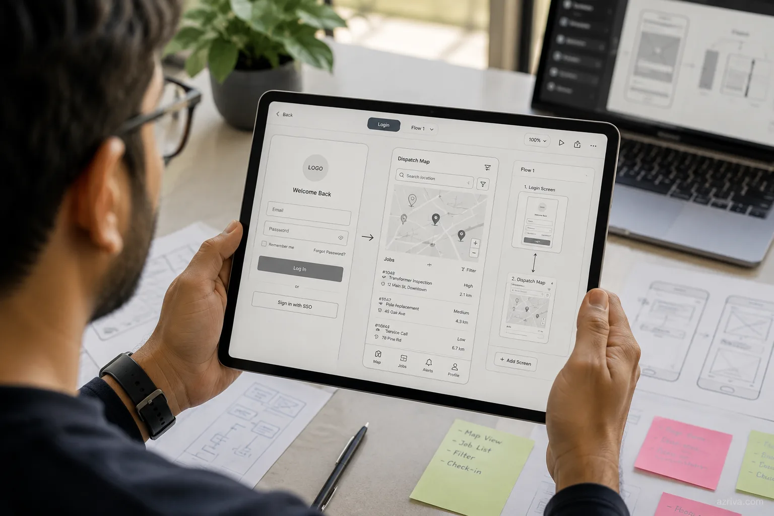 Interactive prototype flow for utility mobile app — login to crew dispatch
