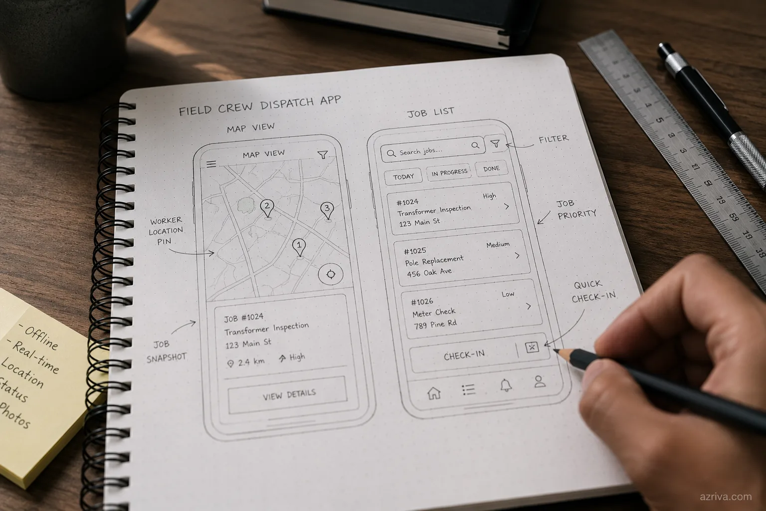 Hand-drawn UX sketch of field crew work order and outage map screens