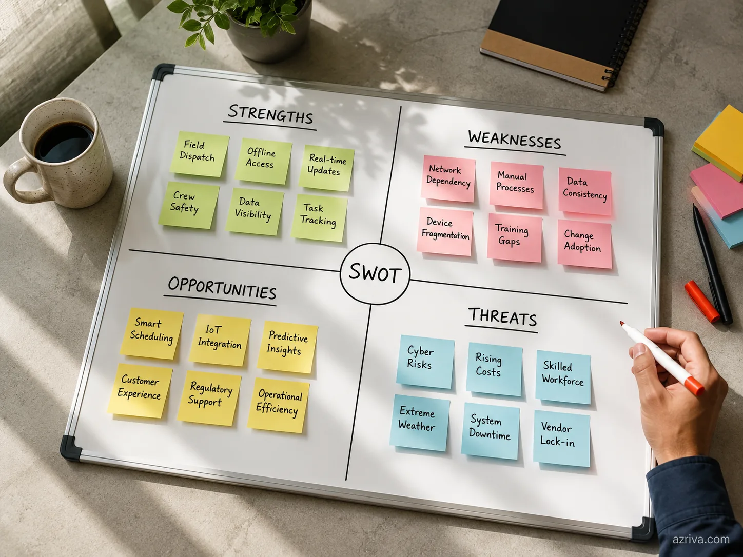 SWOT analysis for energy mobile app — field crew dispatch, SCADA status, offline outage maps