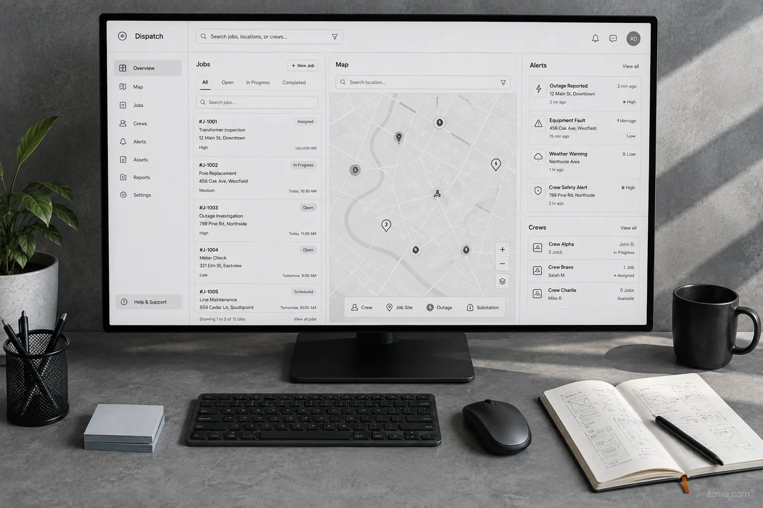 Detailed wireframe of field crew dispatch and outage tracking screens