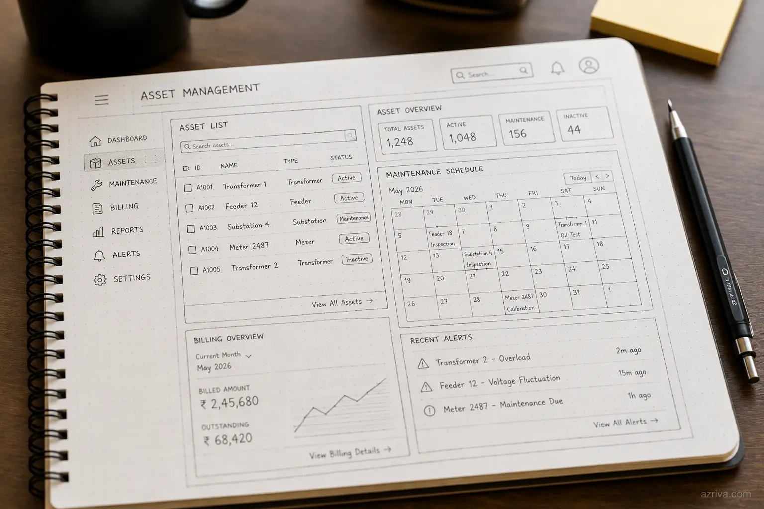 Hand-drawn UX sketch of asset management and billing reconciliation screens
