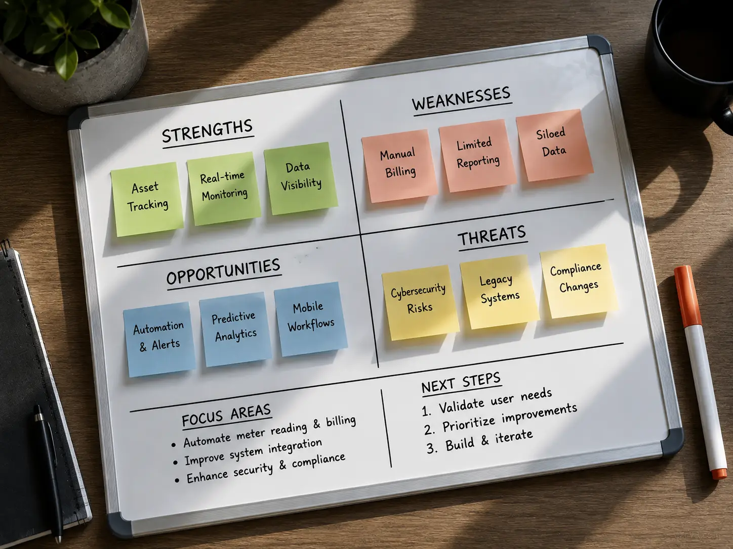 SWOT analysis for utility management software — asset tracking, billing, demand forecasting