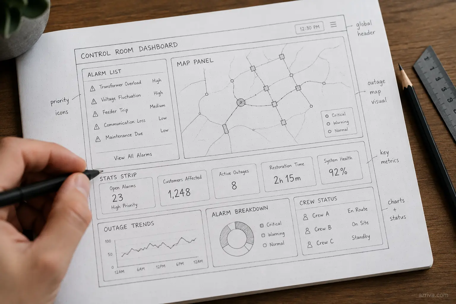 Hand-drawn UX sketch of control room grid topology and alarm dashboard screens