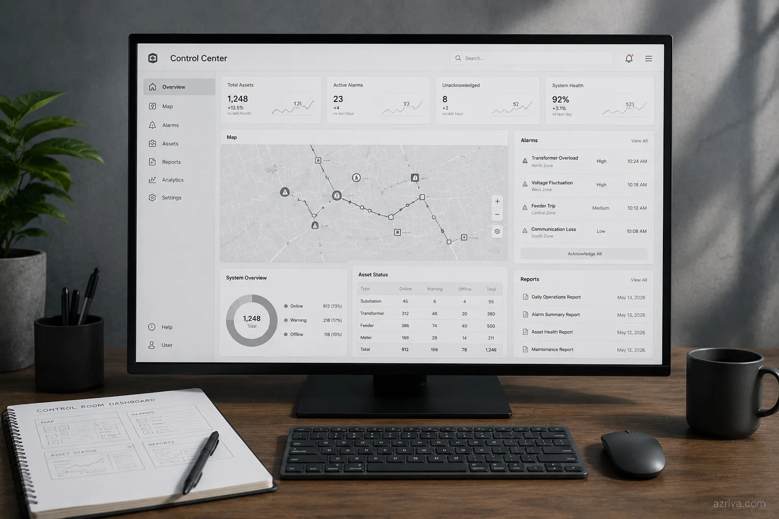 Detailed wireframe of grid monitoring and outage management portal screens