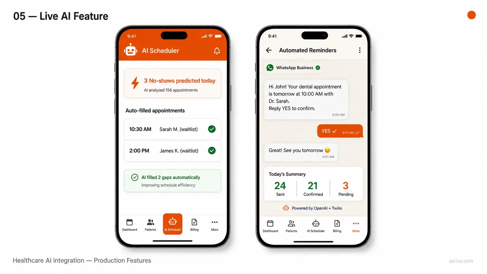 Live AI features in dental clinic app — AI scheduler, WhatsApp automated reminders dashboard