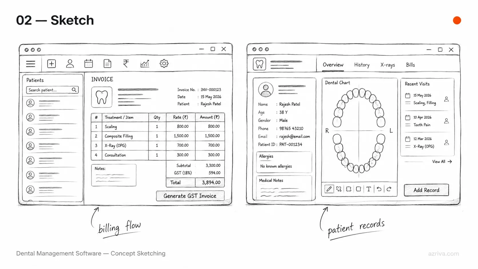 Hand-drawn sketch of dental management software — billing module and patient EMR screens
