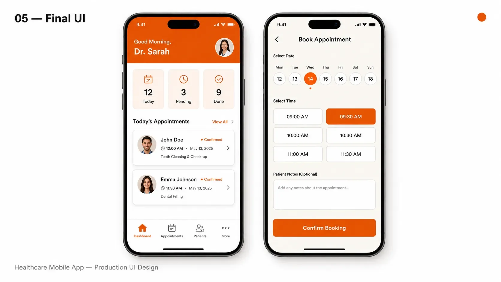 Production UI design of AI-powered physiotherapy clinic mobile app — exercise program and booking