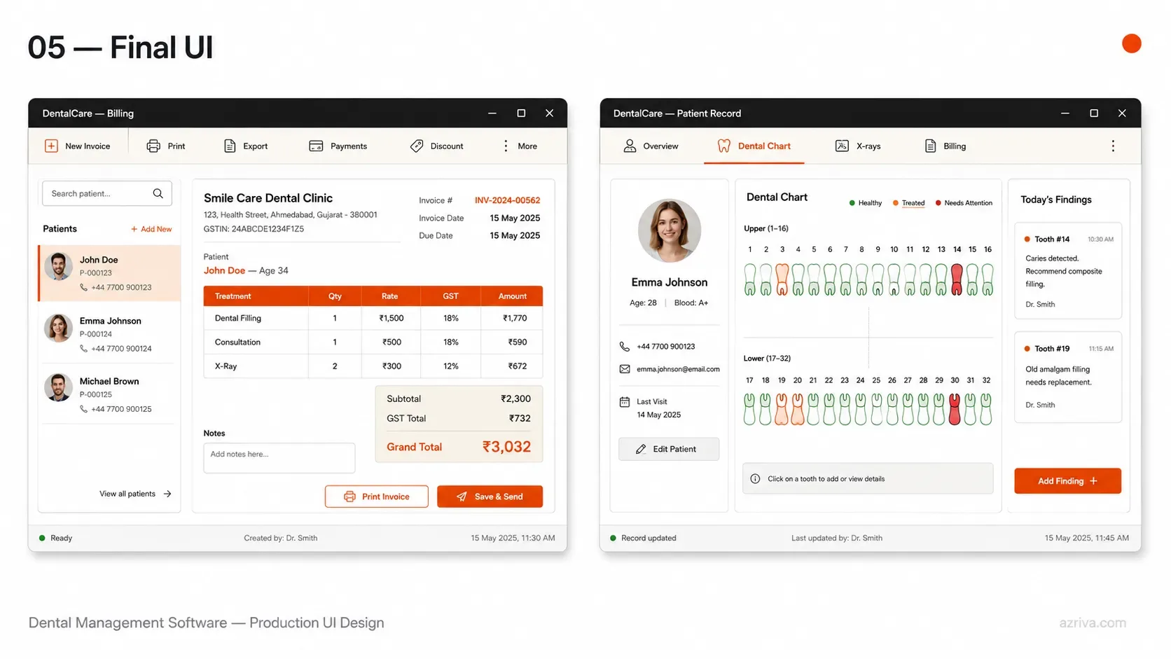 Production UI of physiotherapy management software — billing module and patient outcome measures