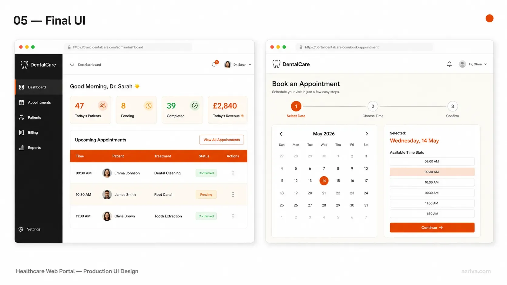 Production UI of physiotherapy clinic web portal — admin dashboard and patient exercise portal