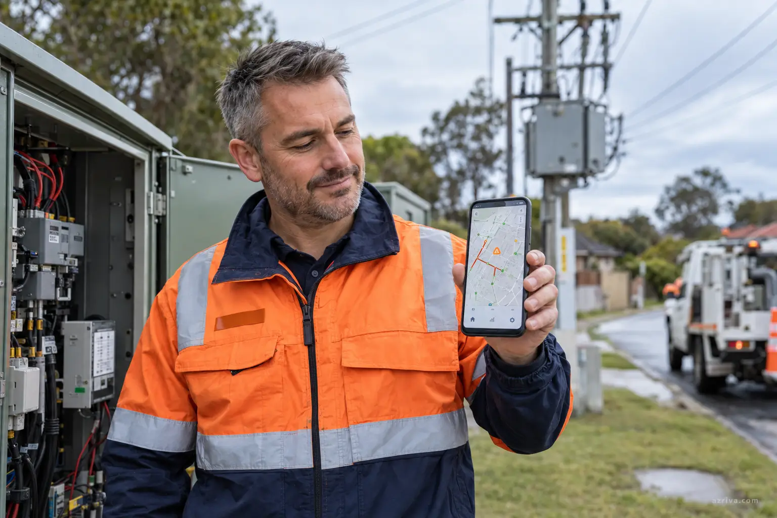 Utility field engineer using AI solutions for mobile app for smart grid outage management and SCADA monitoring