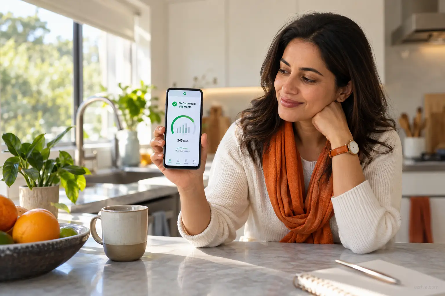 Utility customer using AI solutions for mobile app to track real-time energy consumption and bill prediction