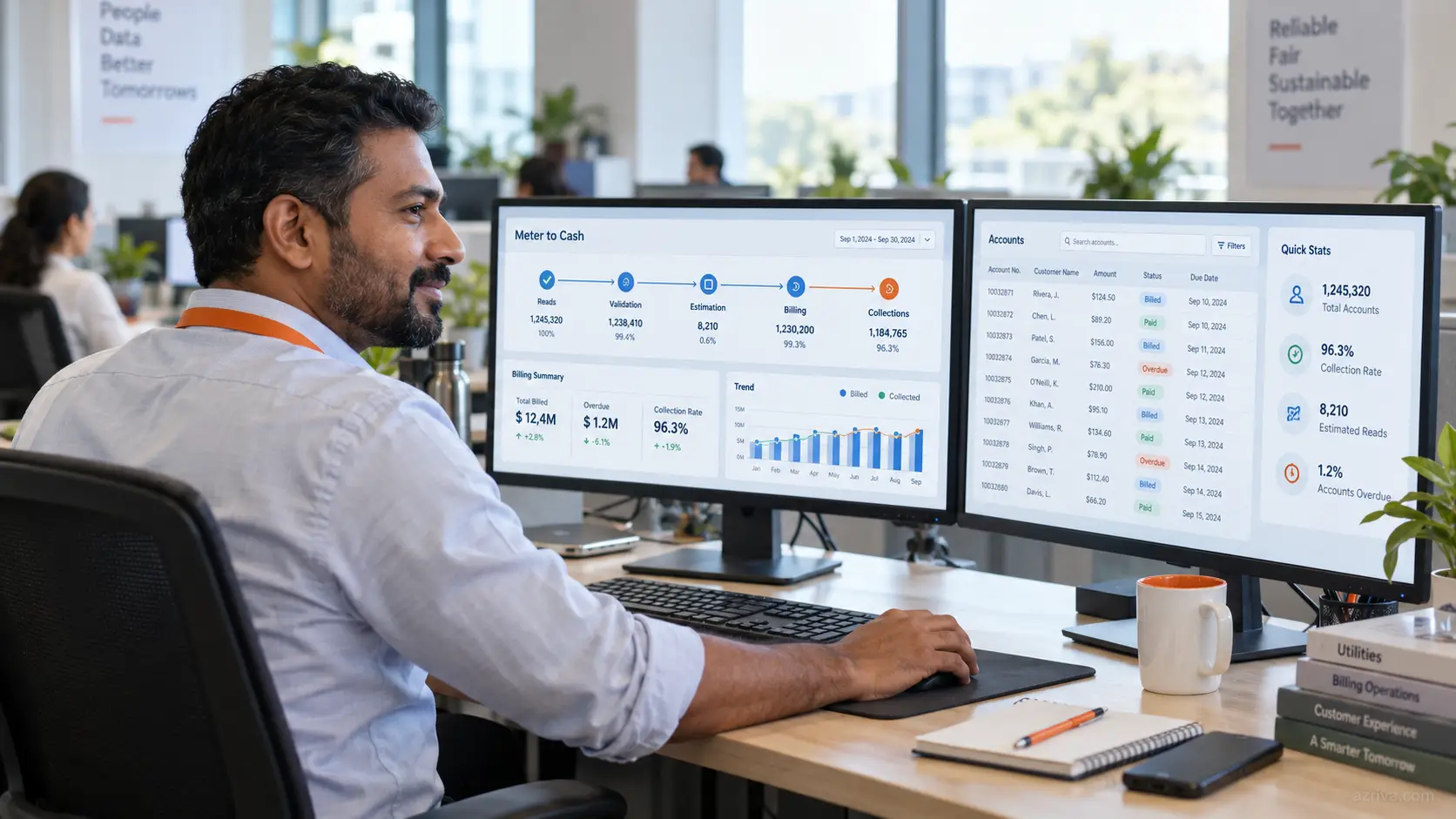 Utility operations dashboard for AMI health monitoring, meter-to-cash tracking and consumption analytics