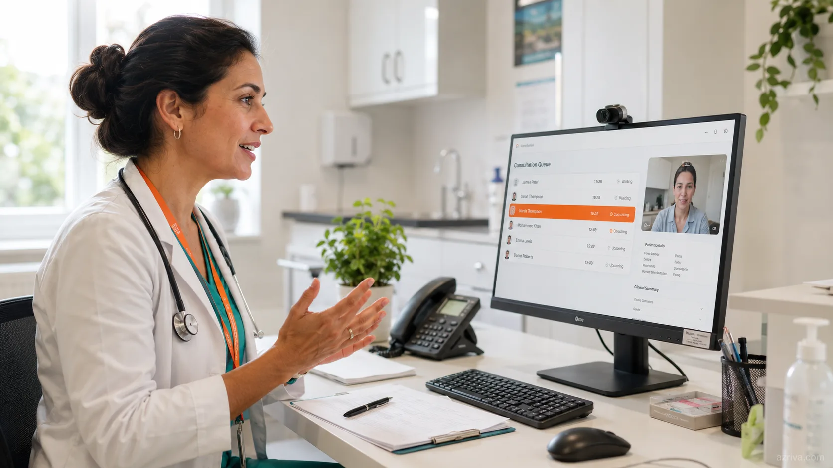 Telehealth web portal showing doctor consultation dashboard and patient management